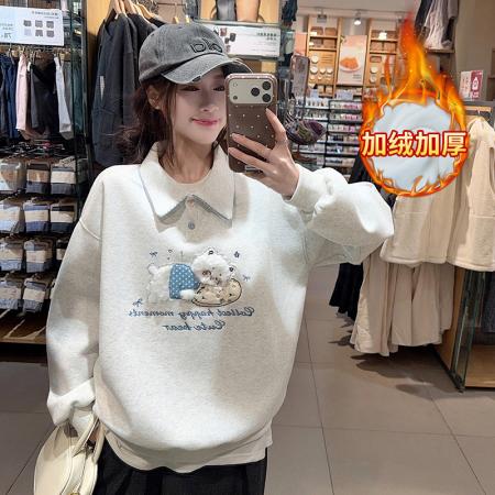 FA51228# 纯棉华棉复合真超加绒卫衣女宽松卡通刺绣POLO领保暖上衣 服裝批發女裝批發服飾貨源