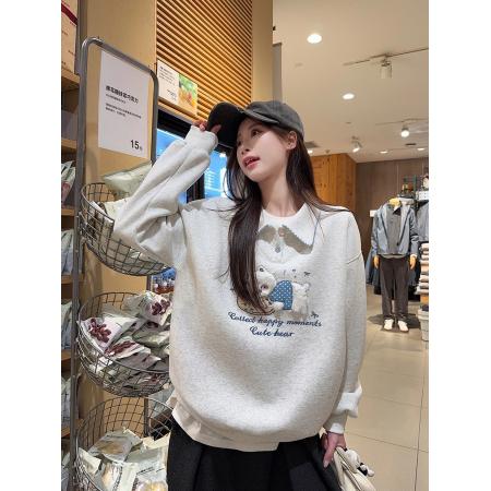 FA51228# 纯棉华棉复合真超加绒卫衣女宽松卡通刺绣POLO领保暖上衣 服裝批發女裝批發服飾貨源