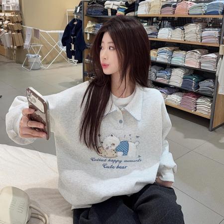 FA51228# 纯棉华棉复合真超加绒卫衣女宽松卡通刺绣POLO领保暖上衣 服裝批發女裝批發服飾貨源