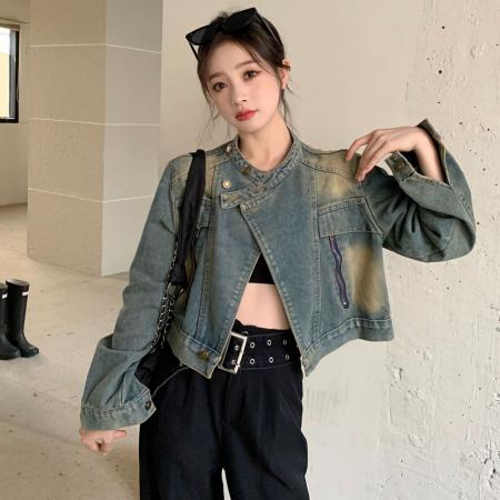 FA51230# 新款机车返潮复古宽松牛仔外套小个子春秋复古港风立领水洗外套 服裝批發女裝批發服飾貨源