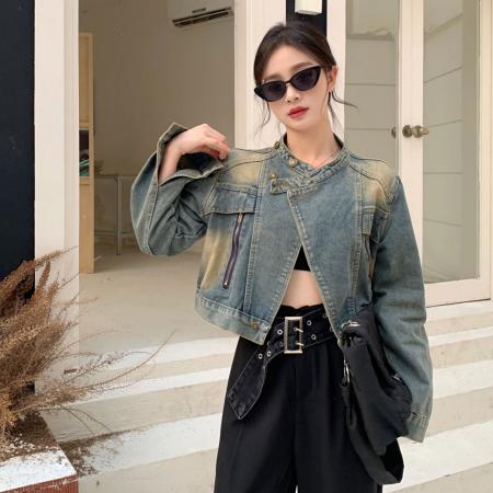 FA51230# 新款机车返潮复古宽松牛仔外套小个子春秋复古港风立领水洗外套 服裝批發女裝批發服飾貨源