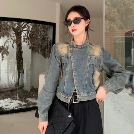 FA51230# 新款机车返潮复古宽松牛仔外套小个子春秋复古港风立领水洗外套 服裝批發女裝批發服飾貨源