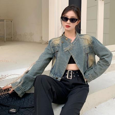 FA51230# 新款机车返潮复古宽松牛仔外套小个子春秋复古港风立领水洗外套 服裝批發女裝批發服飾貨源