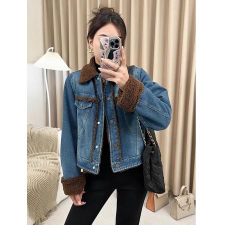 FA51231# 冬季加绒牛仔外套女爆款加厚兔毛羊羔毛棉服短款小个子 服裝批發女裝批發服飾貨源