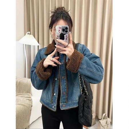 FA51231# 冬季加绒牛仔外套女爆款加厚兔毛羊羔毛棉服短款小个子 服裝批發女裝批發服飾貨源