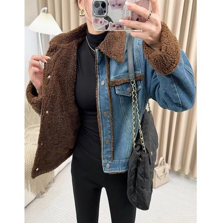 FA51231# 冬季加绒牛仔外套女爆款加厚兔毛羊羔毛棉服短款小个子 服裝批發女裝批發服飾貨源
