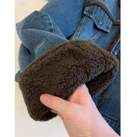 FA51231# 冬季加绒牛仔外套女爆款加厚兔毛羊羔毛棉服短款小个子 服裝批發女裝批發服飾貨源