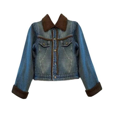 FA51231# 冬季加绒牛仔外套女爆款加厚兔毛羊羔毛棉服短款小个子 服裝批發女裝批發服飾貨源