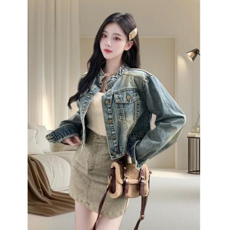 FA51233# 复古蓝小个子牛仔外套女秋冬新款设计感时尚显瘦上衣夹克女潮 服裝批發女裝批發服飾貨源
