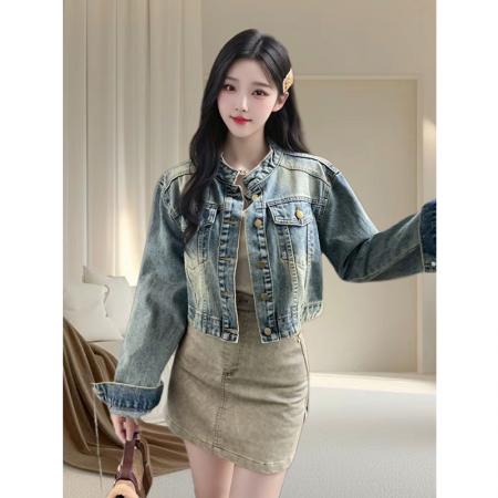 FA51233# 复古蓝小个子牛仔外套女秋冬新款设计感时尚显瘦上衣夹克女潮 服裝批發女裝批發服飾貨源