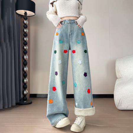 FA51234# 圣诞复合绒刺绣阔腿牛仔裤女冬季加绒欧货宽松小个子垂感休闲裤潮 服裝批發女裝批發服飾貨源