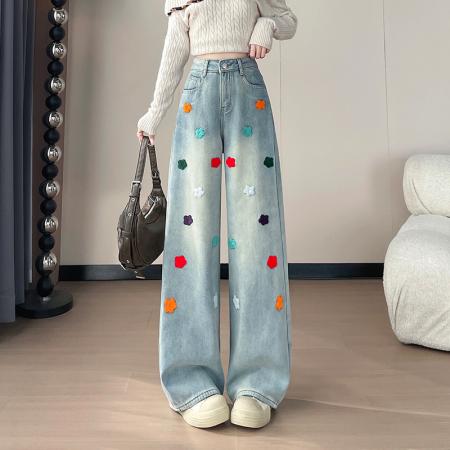 FA51234# 圣诞复合绒刺绣阔腿牛仔裤女冬季加绒欧货宽松小个子垂感休闲裤潮 服裝批發女裝批發服飾貨源