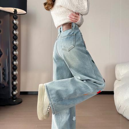 FA51234# 圣诞复合绒刺绣阔腿牛仔裤女冬季加绒欧货宽松小个子垂感休闲裤潮 服裝批發女裝批發服飾貨源