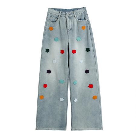 FA51234# 圣诞复合绒刺绣阔腿牛仔裤女冬季加绒欧货宽松小个子垂感休闲裤潮 服裝批發女裝批發服飾貨源