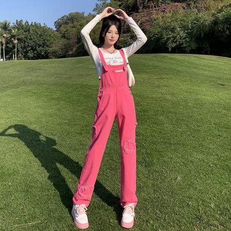 FA51235# 美式复古牛仔背带裤女秋季ins新款韩系宽松减龄小个子阔腿连体裤 服裝批發女裝批發服飾貨源