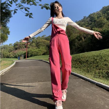 FA51235# 美式复古牛仔背带裤女秋季ins新款韩系宽松减龄小个子阔腿连体裤 服裝批發女裝批發服飾貨源