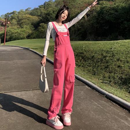 FA51235# 美式复古牛仔背带裤女秋季ins新款韩系宽松减龄小个子阔腿连体裤 服裝批發女裝批發服飾貨源