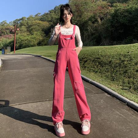 FA51235# 美式复古牛仔背带裤女秋季ins新款韩系宽松减龄小个子阔腿连体裤 服裝批發女裝批發服飾貨源