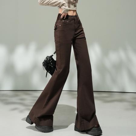 FA51236# 咖啡色复古微喇牛仔裤女小个子新款秋冬加绒高腰显瘦大喇叭裤 服裝批發女裝批發服飾貨源