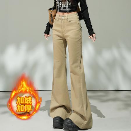FA51236# 咖啡色复古微喇牛仔裤女小个子新款秋冬加绒高腰显瘦大喇叭裤 服裝批發女裝批發服飾貨源