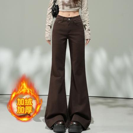 FA51236# 咖啡色复古微喇牛仔裤女小个子新款秋冬加绒高腰显瘦大喇叭裤 服裝批發女裝批發服飾貨源