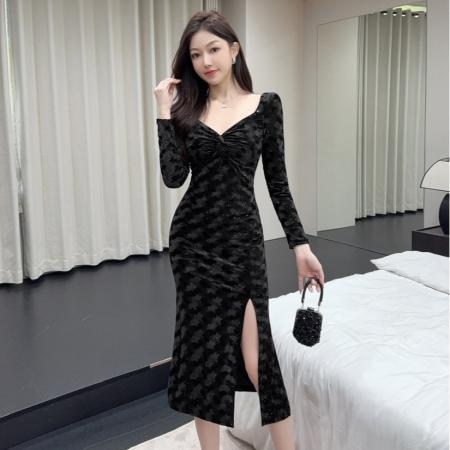 FA51240# 长款金丝绒长袖打底礼服连衣裙 服裝批發女裝批發服飾貨源