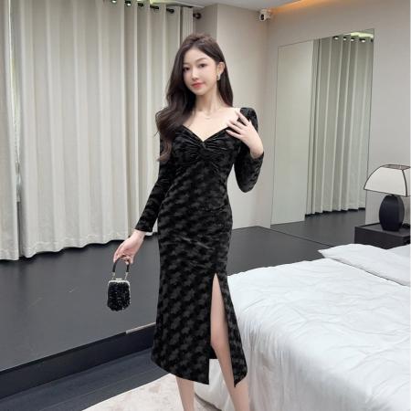 FA51240# 长款金丝绒长袖打底礼服连衣裙 服裝批發女裝批發服飾貨源