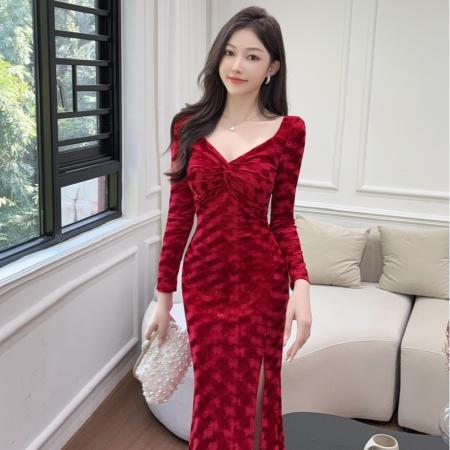 FA51240# 长款金丝绒长袖打底礼服连衣裙 服裝批發女裝批發服飾貨源