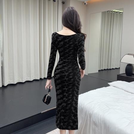 FA51240# 长款金丝绒长袖打底礼服连衣裙 服裝批發女裝批發服飾貨源