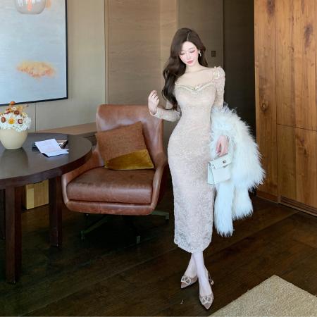 FA51242# 蕾丝花边拼接修身气质镂空收腰高腰开衩百搭长袖连衣裙 服裝批發女裝批發服飾貨源