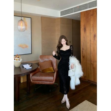 FA51242# 蕾丝花边拼接修身气质镂空收腰高腰开衩百搭长袖连衣裙 服裝批發女裝批發服飾貨源