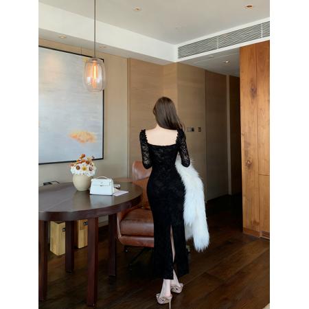 FA51242# 蕾丝花边拼接修身气质镂空收腰高腰开衩百搭长袖连衣裙 服裝批發女裝批發服飾貨源