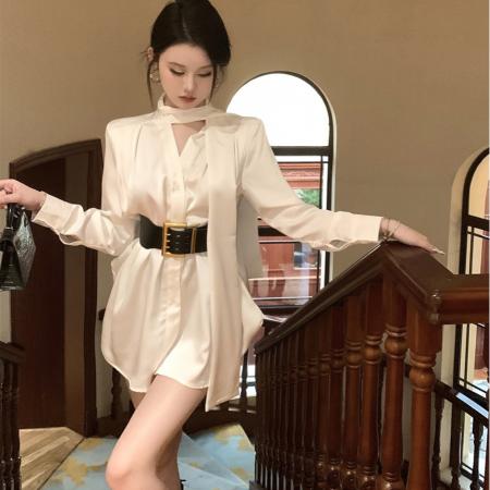 FA51243# 法式气质名媛高级感缎面衬衫连衣裙夏季不规则气质短裙女装 服裝批發女裝批發服飾貨源