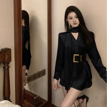 FA51243# 法式气质名媛高级感缎面衬衫连衣裙夏季不规则气质短裙女装 服裝批發女裝批發服飾貨源