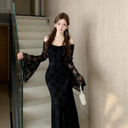 FA51244# 法式御姐风蕾丝喇叭袖显白连衣裙女高级感气质超仙女礼服长裙 服裝批發女裝批發服飾貨源