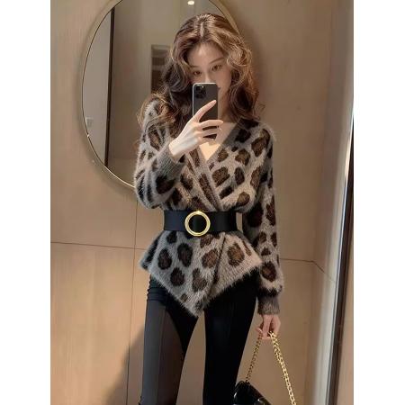 FA51245# 小香风灰色豹纹上衣女冬季新款巨好看小众设计感独特漂亮毛衣 服裝批發女裝批發服飾貨源