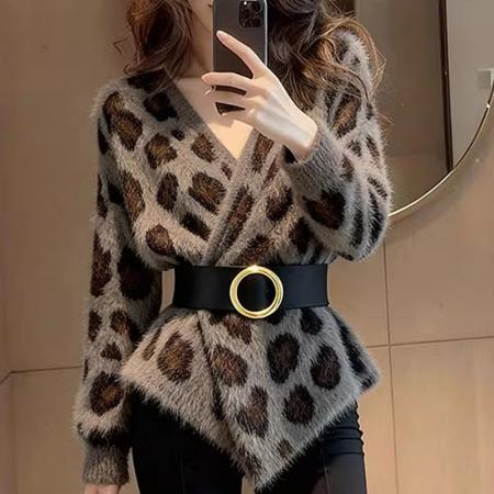 FA51245# 小香风灰色豹纹上衣女冬季新款巨好看小众设计感独特漂亮毛衣 服裝批發女裝批發服飾貨源