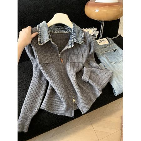 FA51246# 设计感双拉链拼接牛仔翻领长袖针织衫女秋季小众减龄气质上衣 服裝批發女裝批發服飾貨源