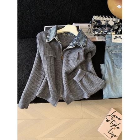 FA51246# 设计感双拉链拼接牛仔翻领长袖针织衫女秋季小众减龄气质上衣 服裝批發女裝批發服飾貨源