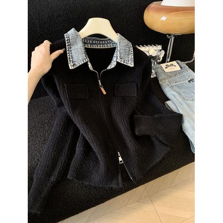 FA51246# 设计感双拉链拼接牛仔翻领长袖针织衫女秋季小众减龄气质上衣 服裝批發女裝批發服飾貨源