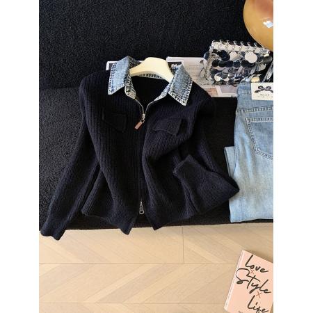 FA51246# 设计感双拉链拼接牛仔翻领长袖针织衫女秋季小众减龄气质上衣 服裝批發女裝批發服飾貨源