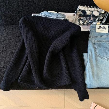 FA51246# 设计感双拉链拼接牛仔翻领长袖针织衫女秋季小众减龄气质上衣 服裝批發女裝批發服飾貨源