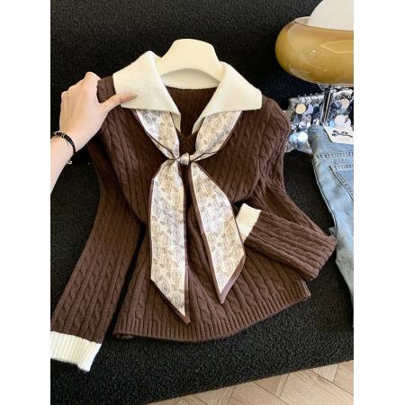 FA51247# 设计感拼接假两件内搭麻花毛衣针织衫女秋冬短款复古长袖上衣 服裝批發女裝批發服飾貨源