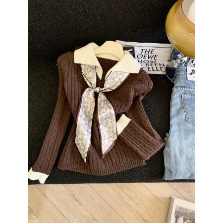 FA51247# 设计感拼接假两件内搭麻花毛衣针织衫女秋冬短款复古长袖上衣 服裝批發女裝批發服飾貨源