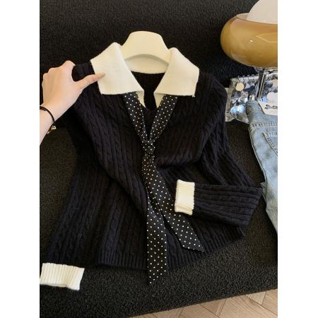 FA51247# 设计感拼接假两件内搭麻花毛衣针织衫女秋冬短款复古长袖上衣 服裝批發女裝批發服飾貨源