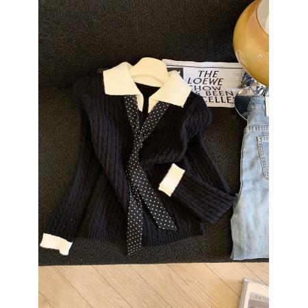 FA51247# 设计感拼接假两件内搭麻花毛衣针织衫女秋冬短款复古长袖上衣 服裝批發女裝批發服飾貨源