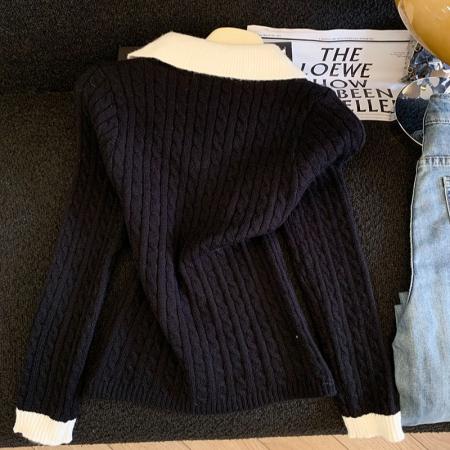 FA51247# 设计感拼接假两件内搭麻花毛衣针织衫女秋冬短款复古长袖上衣 服裝批發女裝批發服飾貨源