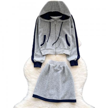 FA51248# 减龄撞色连帽卫衣+高腰短裙休闲两件套女 服裝批發女裝批發服飾貨源