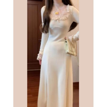 FA51249# 高级感法式白色针织连衣裙子女早秋季新款配大衣内搭打底长裙 服裝批發女裝批發服飾貨源