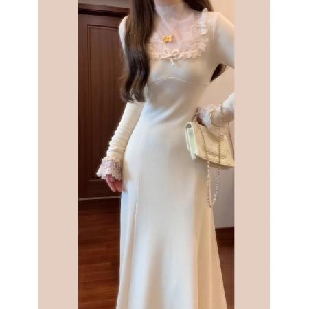 FA51249# 高级感法式白色针织连衣裙子女早秋季新款配大衣内搭打底长裙 服裝批發女裝批發服飾貨源